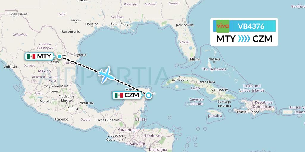 VB4376 VivaAerobus Flight Map: Monterrey to Cozumel