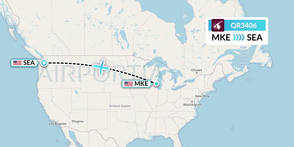 QR3406 Qatar Airways Flight Map: Milwaukee to Seattle