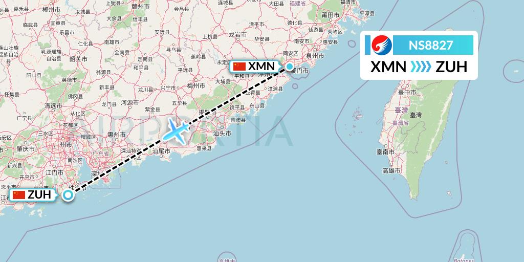 NS8827 Hebei Airlines Flight Map: Xiamen to Zhuhai