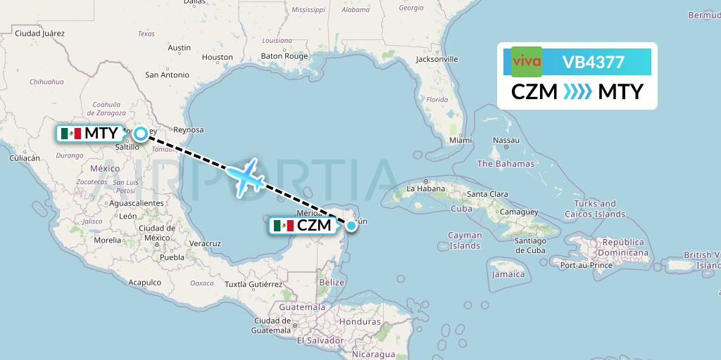 VB4377 VivaAerobus Flight Map: Cozumel to Monterrey