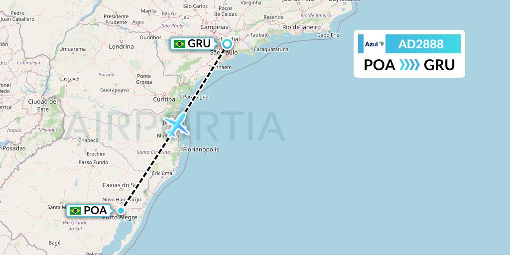 AD2888 Azul Brazilian Airlines Flight Map: Porto Alegre to Sao Paulo