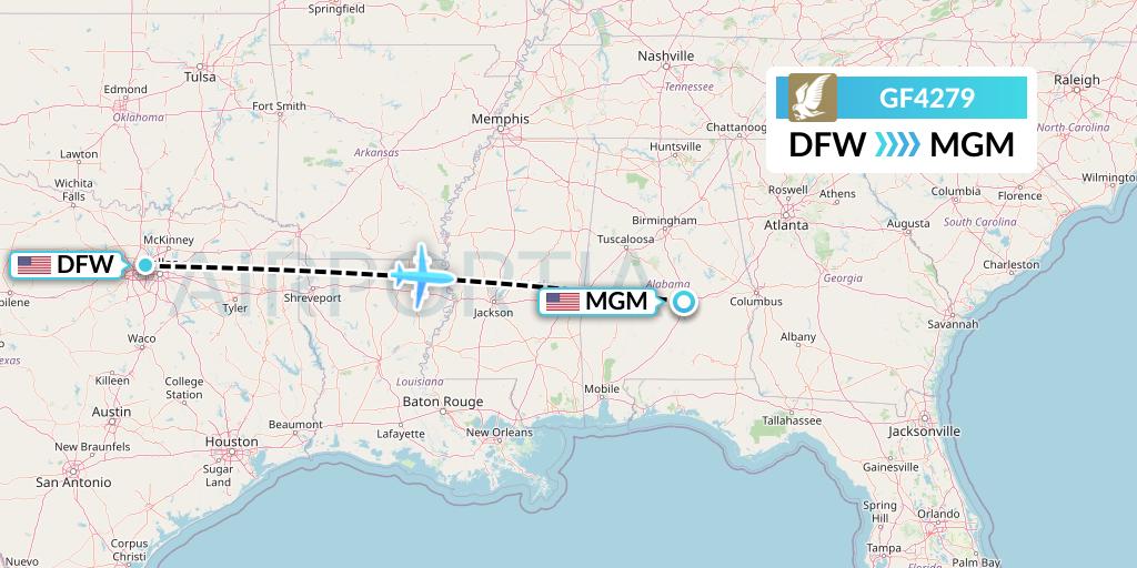 GF4279 Gulf Air Flight Map: Dallas to Montgomery