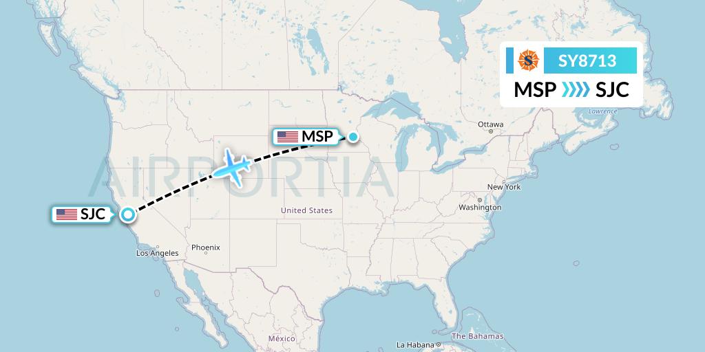 SY8713 Sun Country Airlines Flight Map: Minneapolis to San Jose