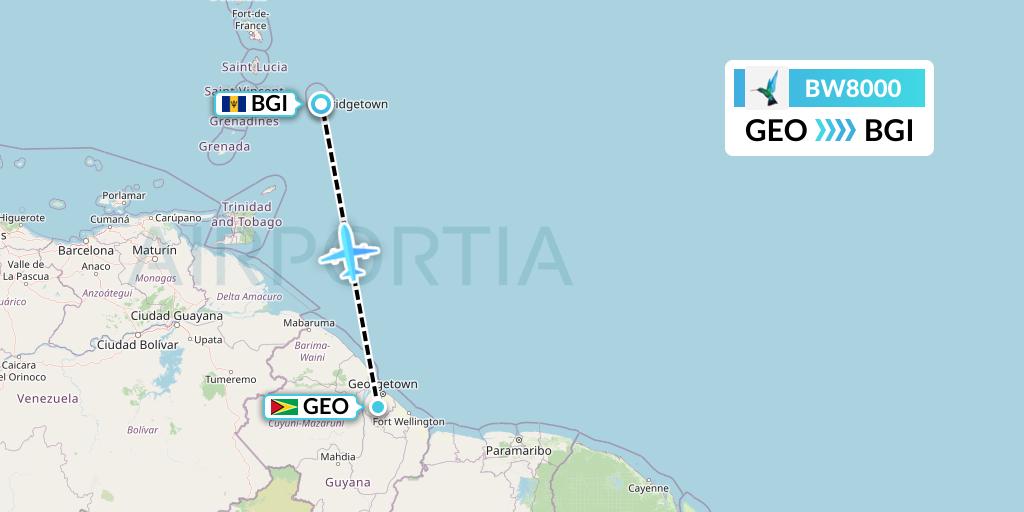 BW8000 Caribbean Airlines Flight Map: Georgetown to Bridgetown