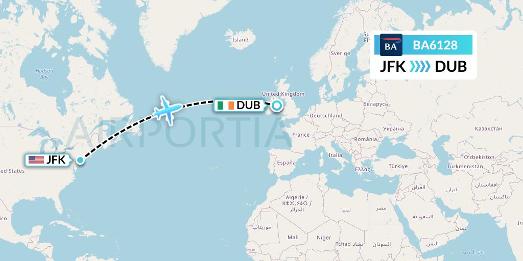 BA6128 British Airways Flight Map: New York to Dublin