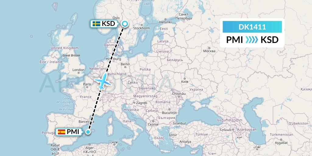 DK1411 Thomas Cook Airlines Scandinavia Flight Map: Palma de Mallorca to Karlstad