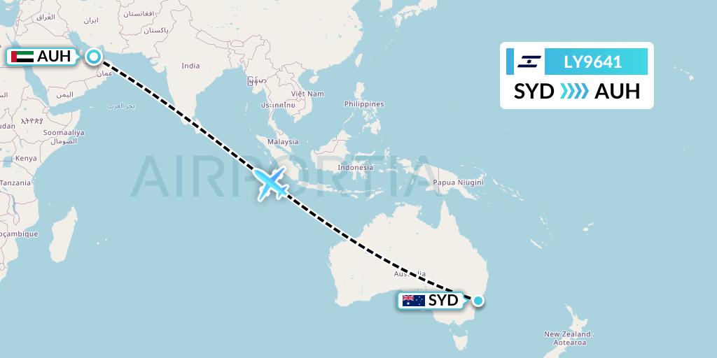 LY9641 El Al Flight Map: Sydney to Abu Dhabi