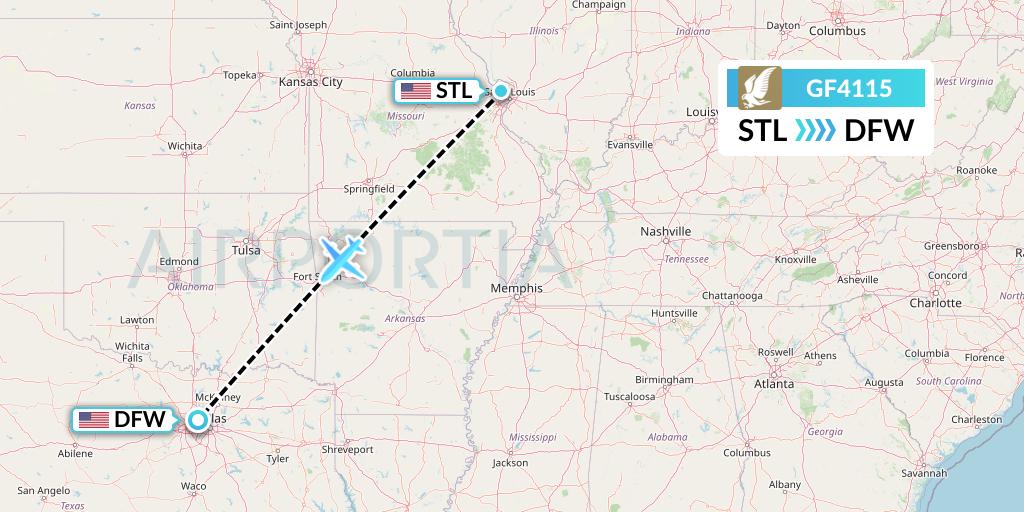 GF4115 Gulf Air Flight Map: St. Louis to Dallas