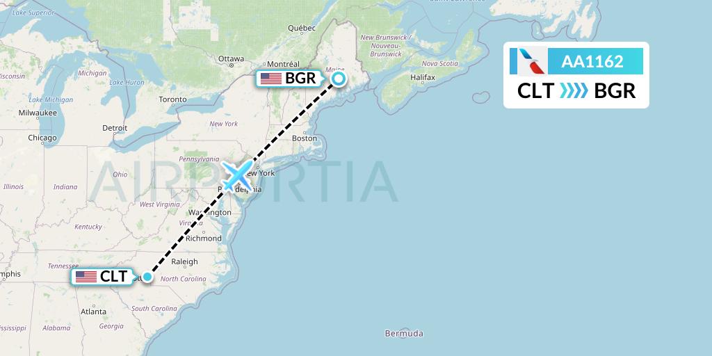 AA1162 American Airlines Flight Map: Charlotte to Bangor