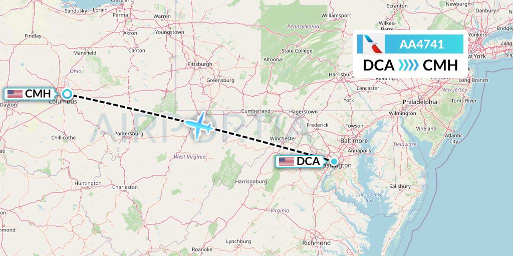 AA4741 American Airlines Flight Map: Washington to Columbus