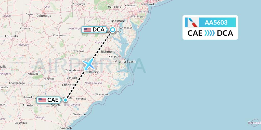 AA5603 American Airlines Flight Map: Columbia to Washington