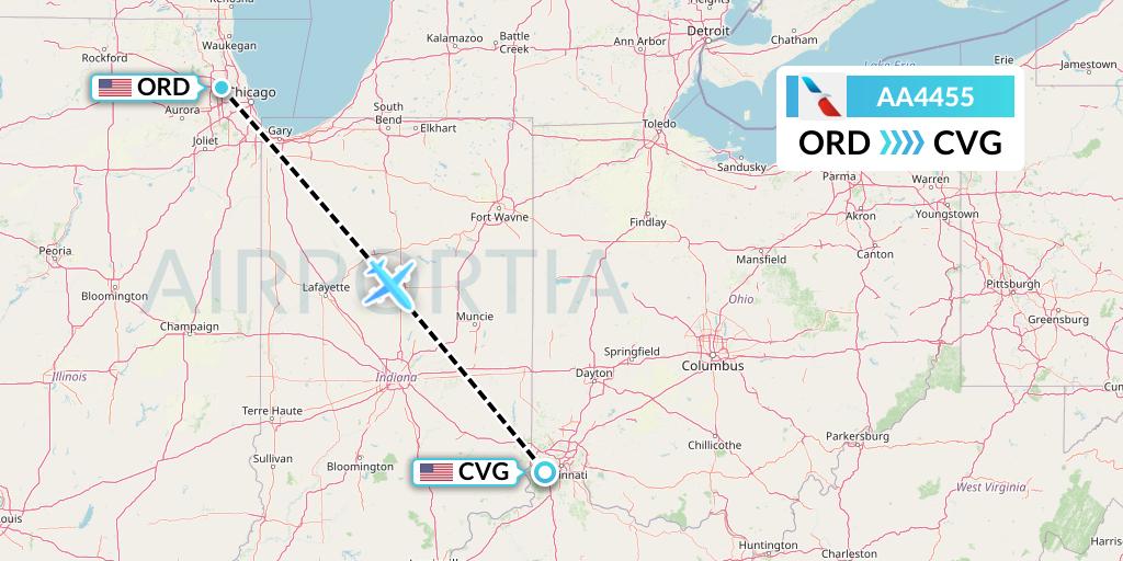 AA4455 American Airlines Flight Map: Chicago to Cincinnati