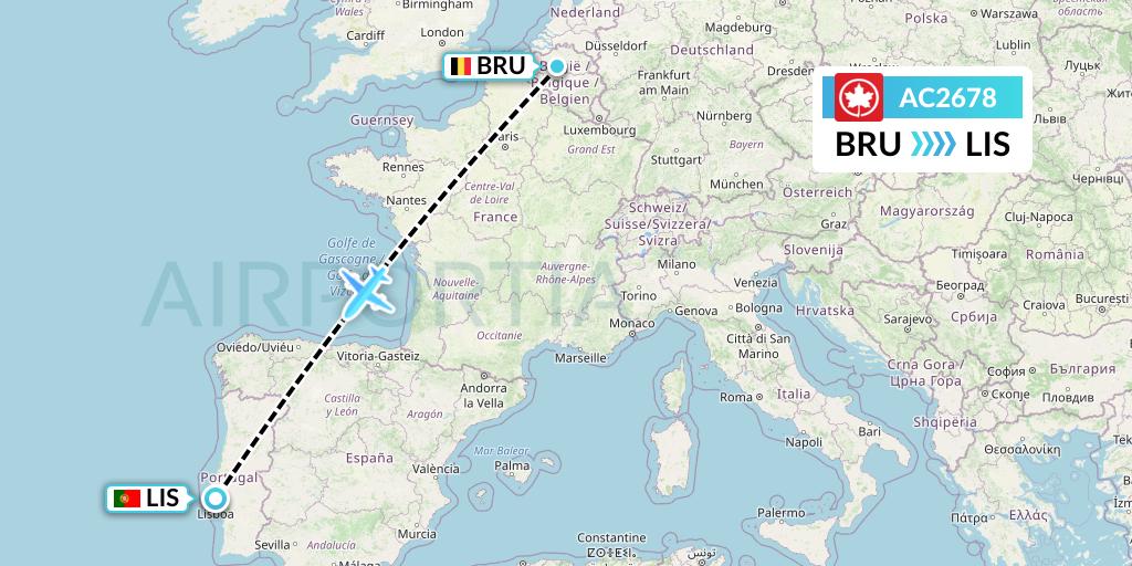 AC2678 Air Canada Flight Map: Brussels to Lisbon