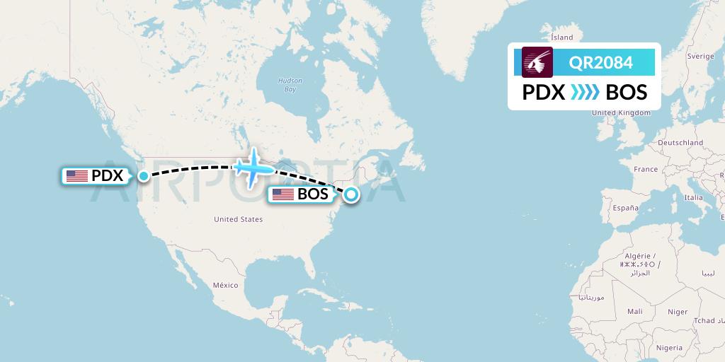 QR2084 Qatar Airways Flight Map: Portland to Boston