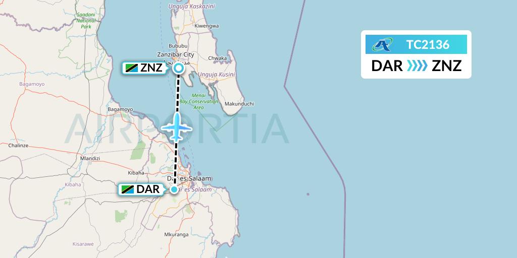 TC2136 Air Tanzania Flight Map: Dar-es-Salaam to Zanzibar