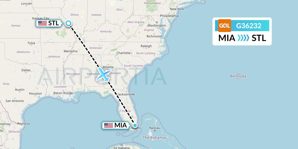 G36232 GOL Transportes Aeros Flight Map: Miami to St. Louis