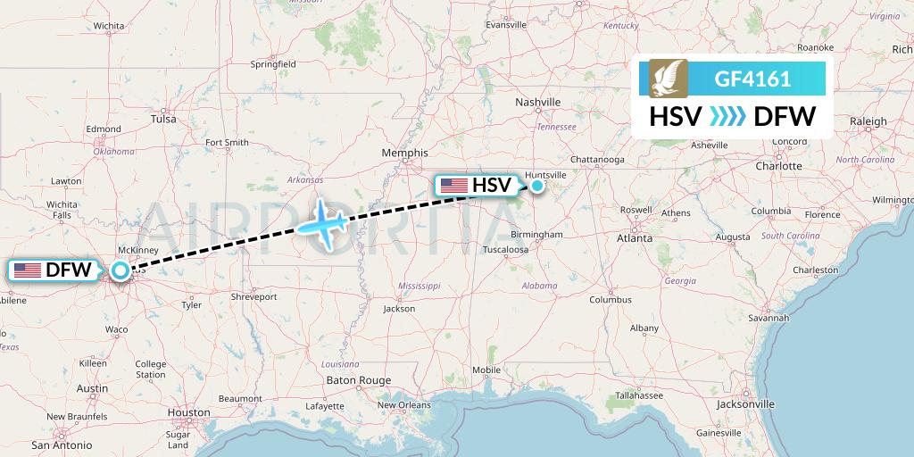 GF4161 Gulf Air Flight Map: Huntsville to Dallas