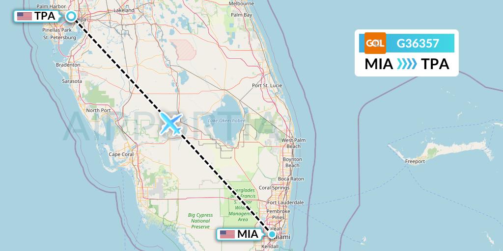 G36357 GOL Transportes Aeros Flight Map: Miami to Tampa