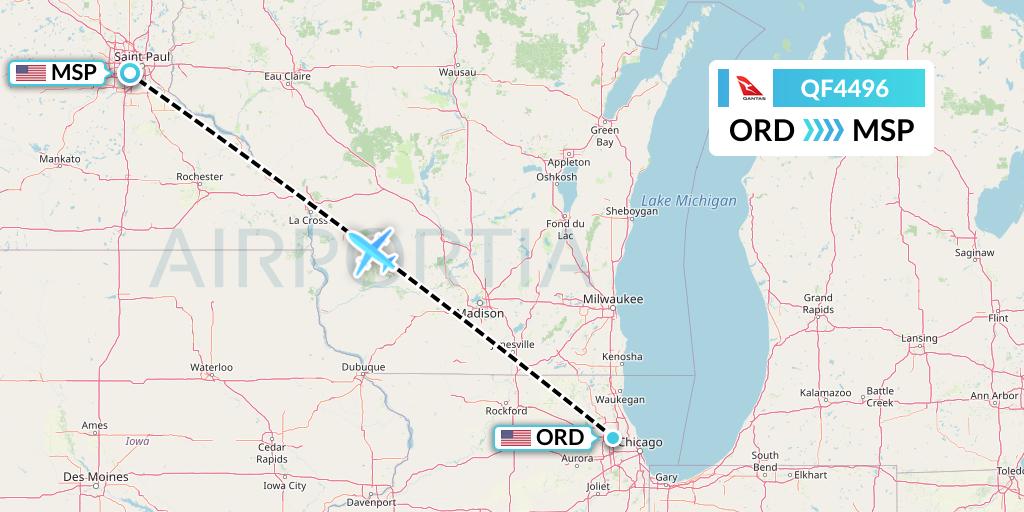 QF4496 Qantas Flight Map: Chicago to Minneapolis