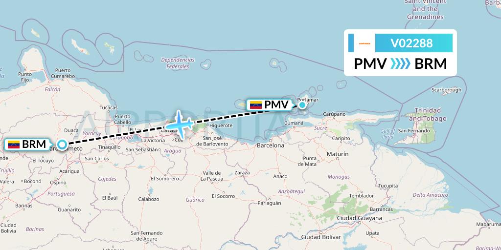 V02288 Conviasa Flight Map: Porlamar to Barquisimeto