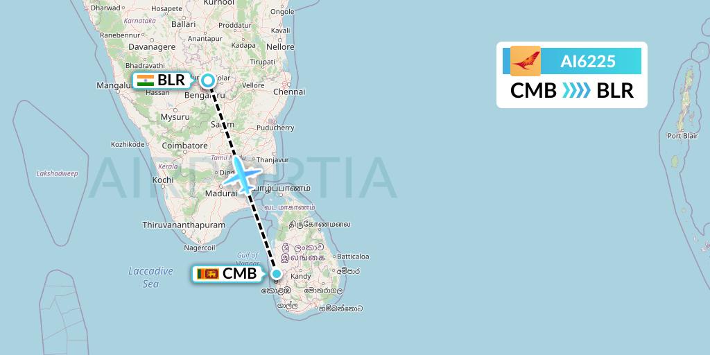 AI6225 Air India Flight Map: Colombo to Bangalore
