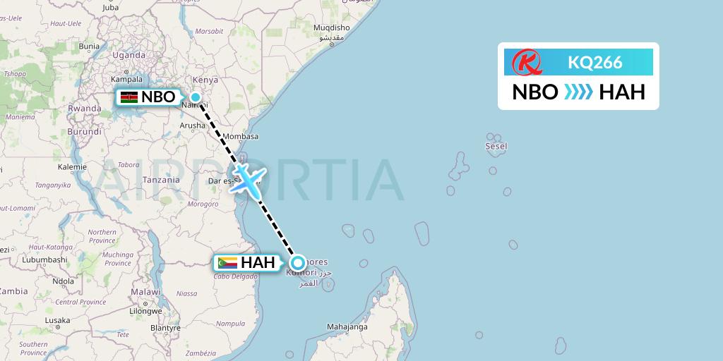 KQ266 Kenya Airways Flight Map: Nairobi to Moroni