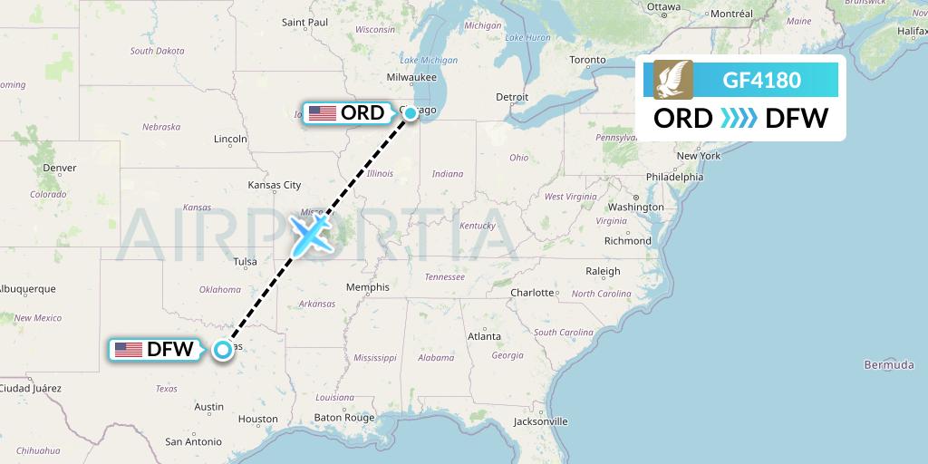 GF4180 Gulf Air Flight Map: Chicago to Dallas