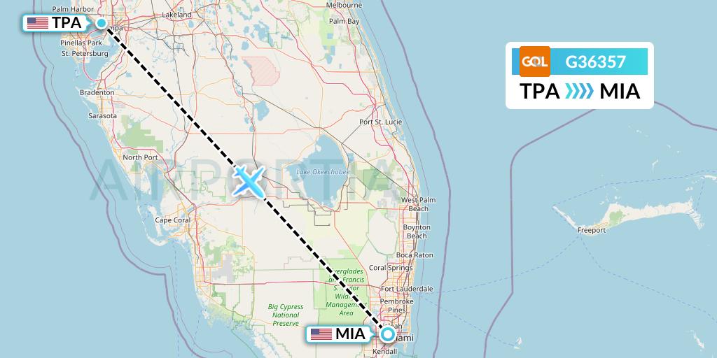 G36357 GOL Transportes Aeros Flight Map: Tampa to Miami