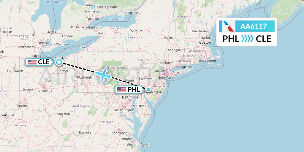 AA6117 American Airlines Flight Map: Philadelphia to Cleveland