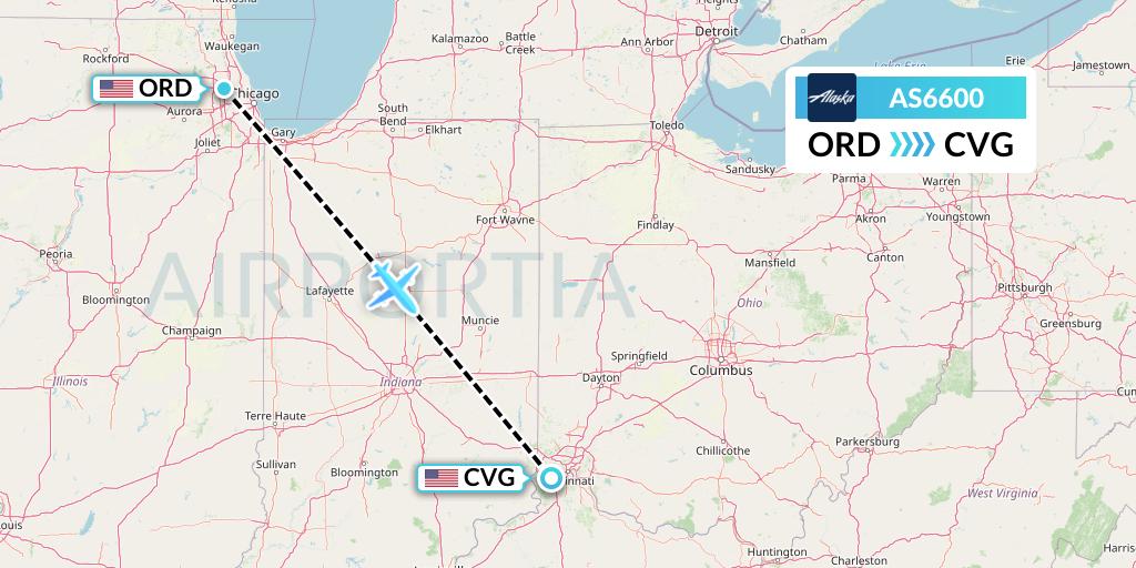 AS6600 Alaska Airlines Flight Map: Chicago to Cincinnati