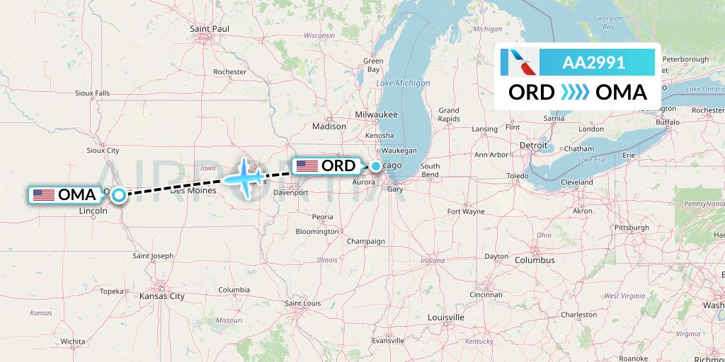 AA2991 American Airlines Flight Map: Chicago to Omaha