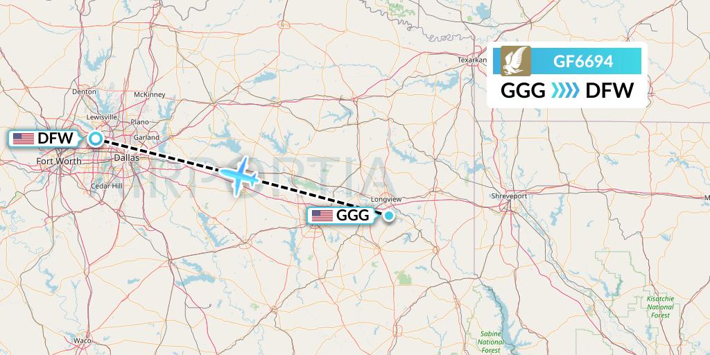 GF6694 Gulf Air Flight Map: Longview to Dallas