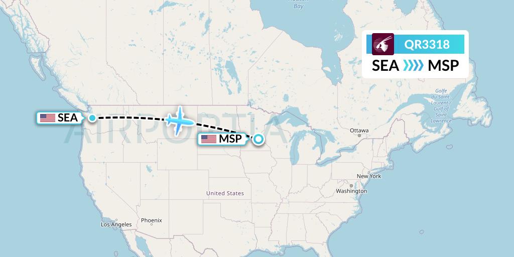 QR3318 Qatar Airways Flight Map: Seattle to Minneapolis