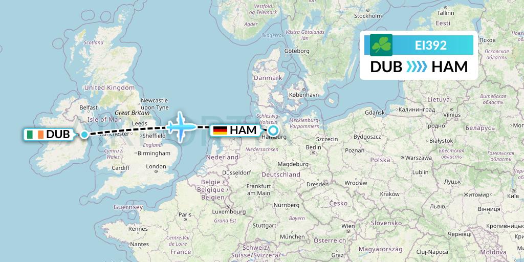 EI392 Aer Lingus Flight Map: Dublin to Hamburg