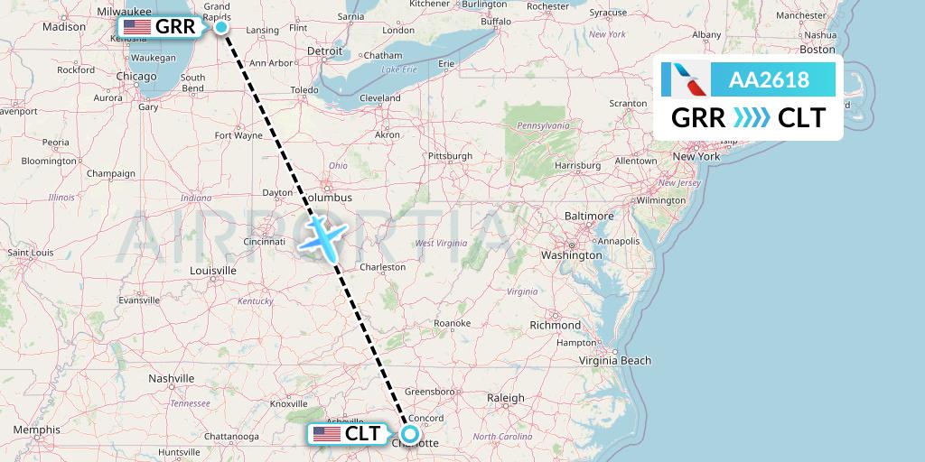 AA2618 American Airlines Flight Map: Grand Rapids to Charlotte