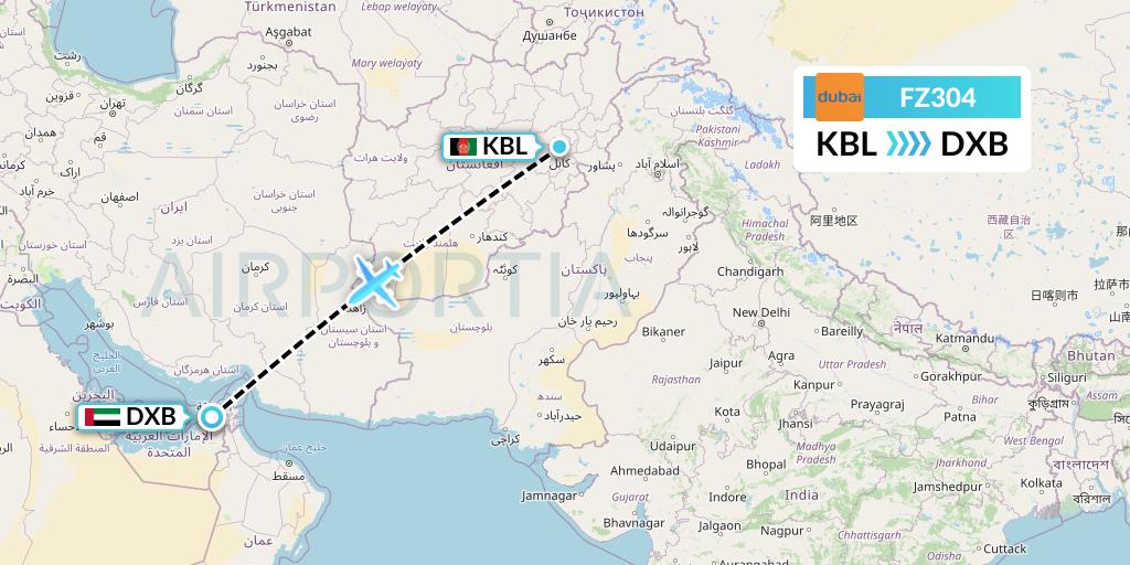 FZ304 FlyDubai Flight Map: Kabul to Dubai
