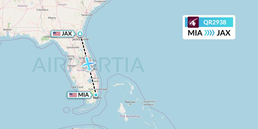 QR2938 Qatar Airways Flight Map: Miami to Jacksonville