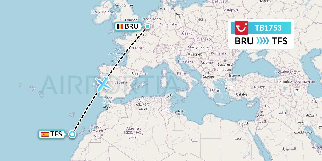 TB1753 TUI fly Belgium Flight Map: Brussels to Tenerife