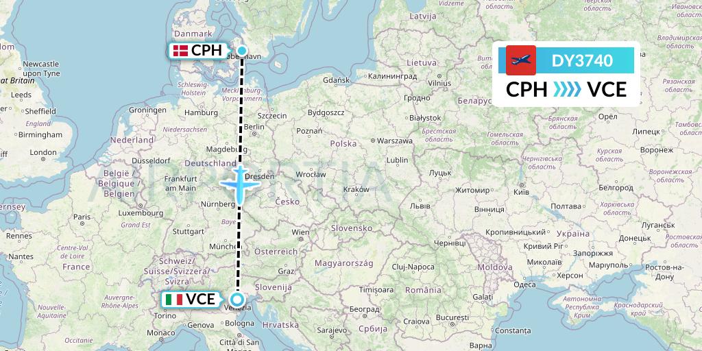 DY3740 Norwegian Flight Map: Copenhagen to Venice