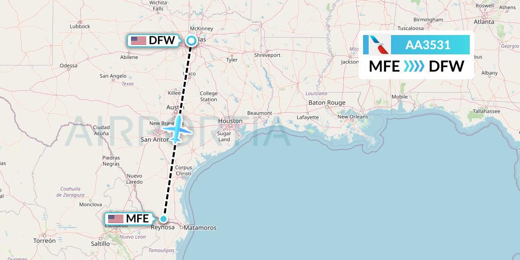 AA3531 American Airlines Flight Map: McAllen to Dallas