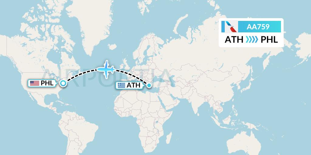 AA759 American Airlines Flight Map: Athens to Philadelphia