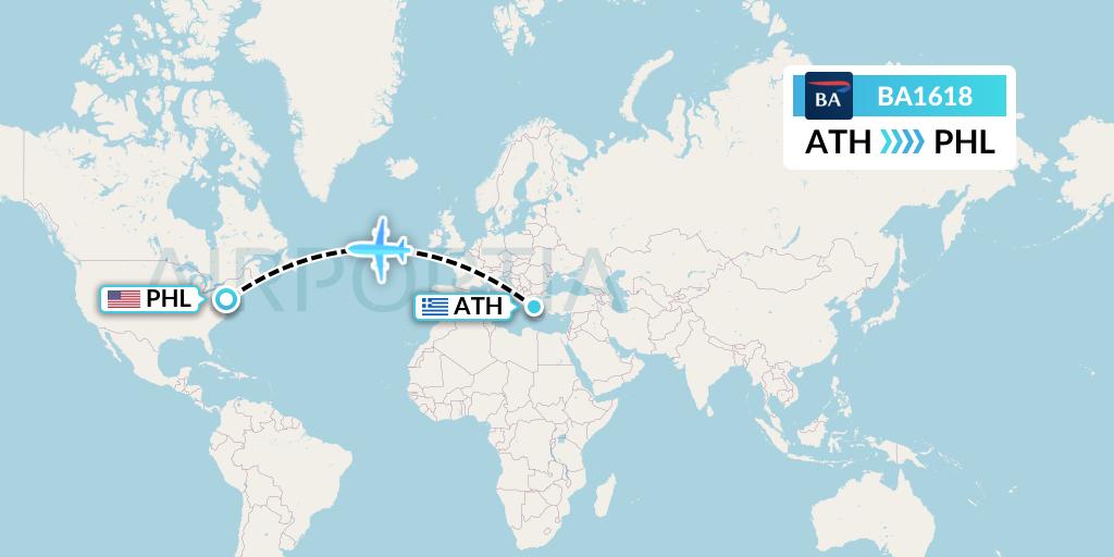 BA1618 British Airways Flight Map: Athens to Philadelphia