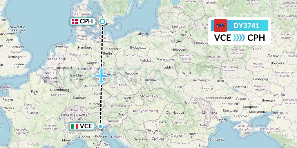 DY3741 Norwegian Flight Map: Venice to Copenhagen