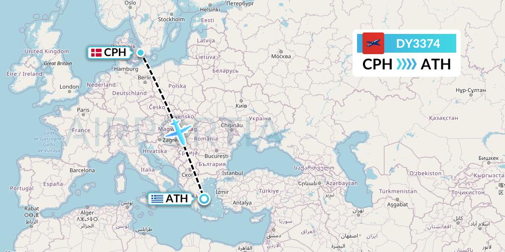 DY3374 Norwegian Flight Map: Copenhagen to Athens