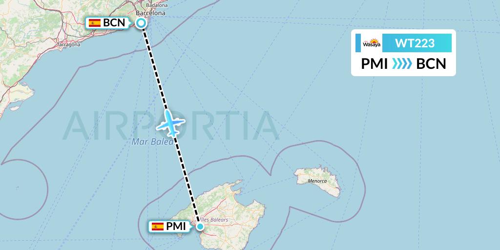WT223 Swiftair Flight Map: Palma de Mallorca to Barcelona