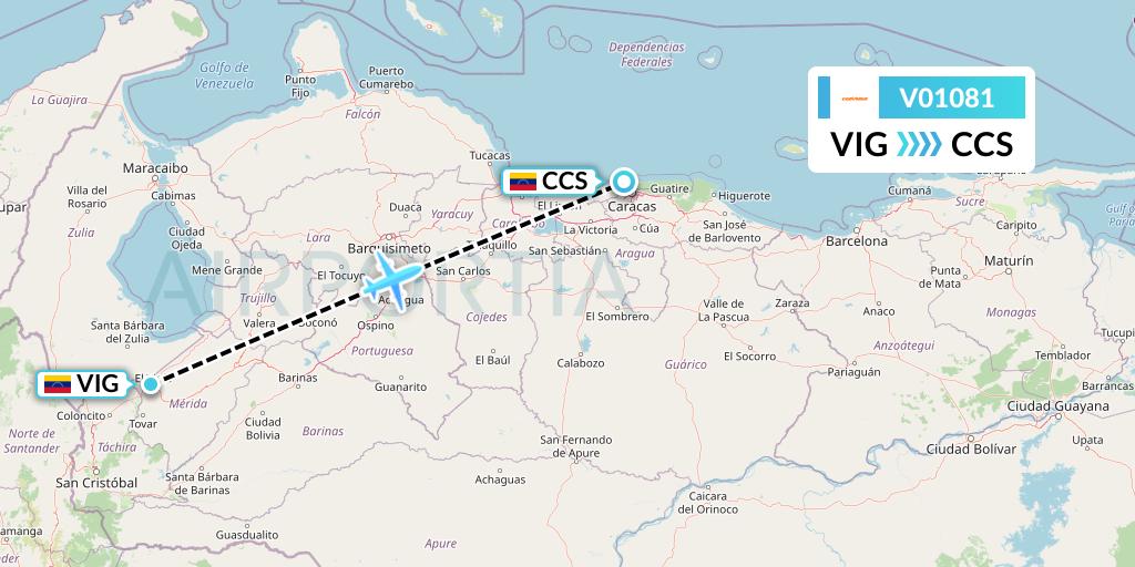 V01081 Conviasa Flight Map: El Vigia to Caracas