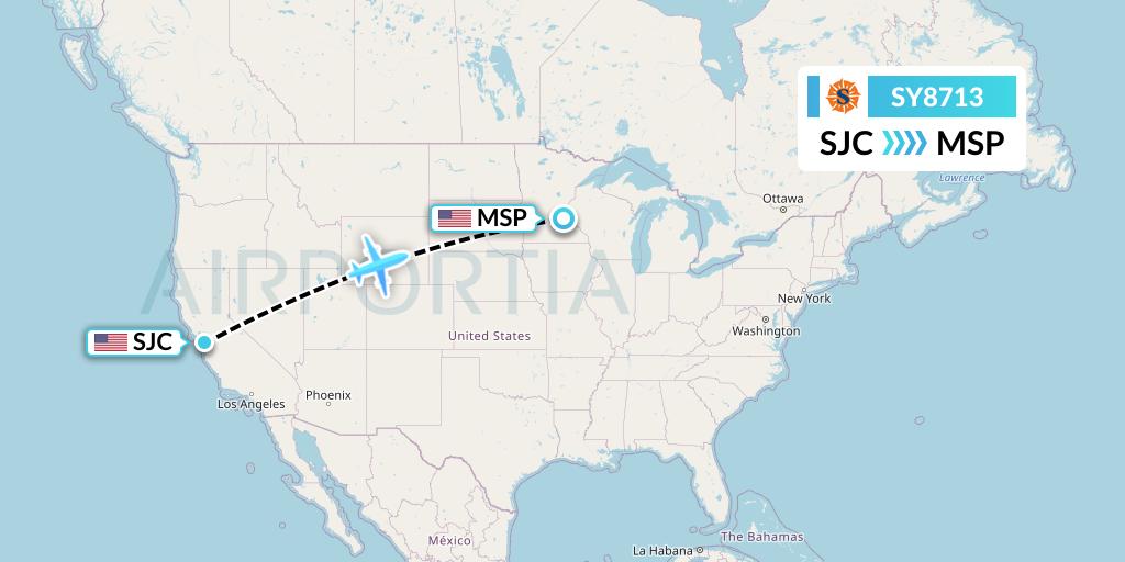 SY8713 Sun Country Airlines Flight Map: San Jose to Minneapolis