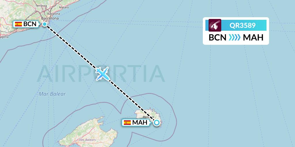 QR3589 Qatar Airways Flight Map: Barcelona to Mahon