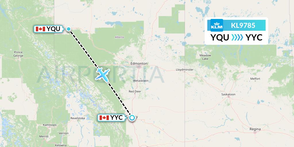 KL9785 KLM Flight Map: Grande Prairie to Calgary