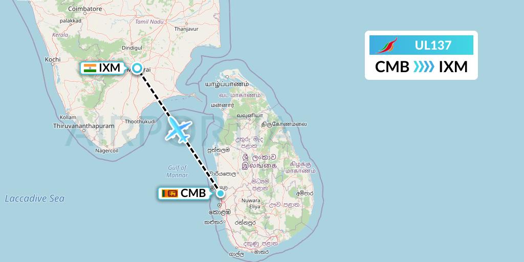 UL137 SriLankan Airlines Flight Map: Colombo to Madurai